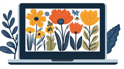 Digital flowers on screen vibrant floral desktop wallpaper cozy home office illustration vibrant colors cheerful modern digital art