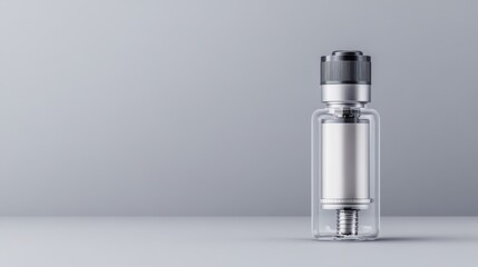 Clear Glass Bottle with Silver Cap on Minimalistic Gray Background