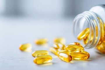 Golden vitamin d capsules spilling from clear glass bottle promoting healthy lifestyle