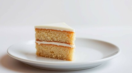 A single slice of decorated cake served on a white plate, realistic lighting, soft shadows, detailed frosting and layers, close-up view, stock photo style, on a neutral background