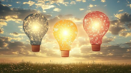 Illuminating Ideas Three Bulb Symphony Sparkling Energy Dawn Sky Innovative Thoughts Abstract Visuals Captivating Light Sources