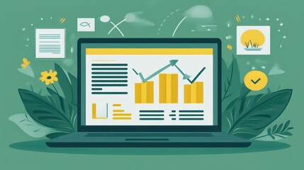Laptop displaying financial data charts for business intelligence and investment analysis in a modern design with natural elements