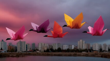 Origami cranes shaped like colorful butterflies flying over a cityscape at sunset with dark clouds