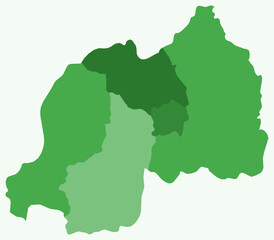 Obraz premium Map of Rwanda with regions. Just a simple country border map with region division. Green color palette. Flat Republic of Rwanda shape with administrative division. Vector illustration.