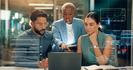 Business people, night and coaching with laptop, hologram or hud for market analysis at office. Group, employees or discussion with computer data or digital overlay for online statistics at workplace
