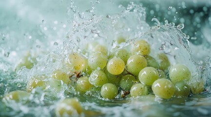 Fresh green grapes splashing in water