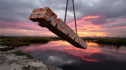 Suspended brick bench swing over tranquil water during vibrant sunset with cloudy sky