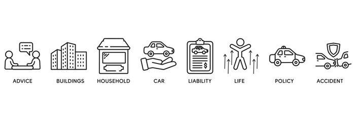 Insurance icon set vector illustration concept relate to advice, buildings, household, car, liability, life, policy and accident