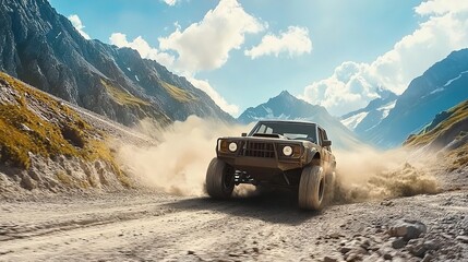 An off-road vehicle speeding on a mountain dirt road with dust, snow-capped peaks, and cloudy sky.