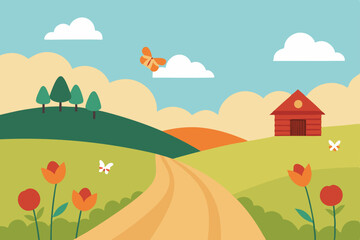 Fototapeta premium rural landscape with a house and flowers