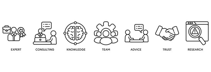 Expertise icon set vector illustration concept relate to representing high-level knowledge and experience with an icon of expert, consulting, knowledge, team, advice, trust, and research