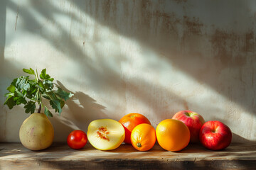Fresh vibrant seasonal fruits and vegetables arranged on a rustic wooden surface