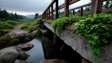 Fototapeta premium Tranquil mountain stream flowing beneath rustic wooden bridge surrounded by lush greenery and rocks