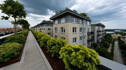 Modern residential apartment buildings with lush rooftop gardens and a scenic city view under stormy sky