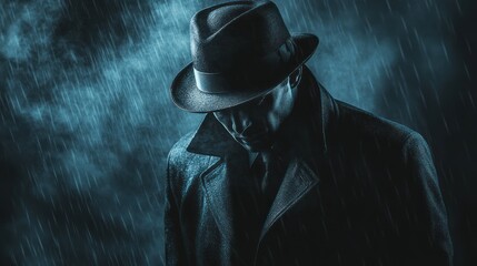 Brooding figure in rain, shadowed visage under a felt fedora