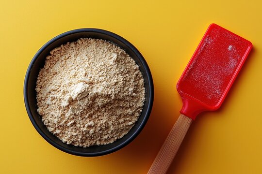 Rustic wooden table with bowl of flour and red silicone spatula on yellow background for baking enthusiasts