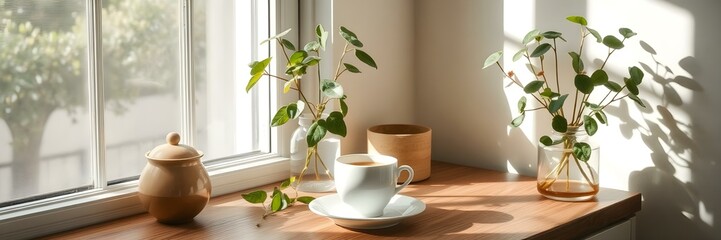 Morning Serenity: A peaceful scene of a morning coffee in the window light with the green plants bring the refreshing atmosphere to start new day.