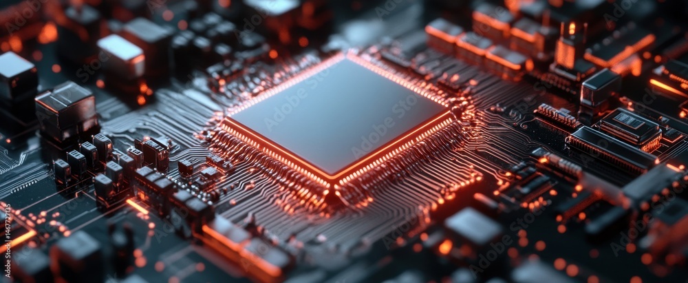 Poster a captivating close-up view of a computer circuit board featuring glowing elements. this image captu