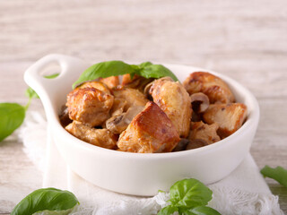 Turkey and mushroom stew in a bowl