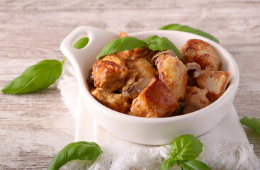 Turkey and mushroom stew in a bowl