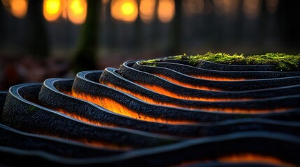 Tiered structure glows in woods at dusk