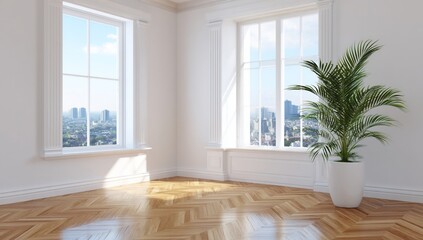 Light filled room with parquet floor and plant by window. City view outside
