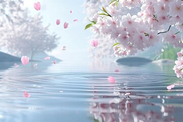 Tranquil scene of cherry blossoms gently cascading over a serene water surface, reflecting soft pastel colors, with petals creating ripples in the calm pond, evoking peace and beauty