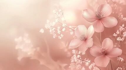 Soft-pink backdrop with large pink flowers and white blossoms in a romantic style.