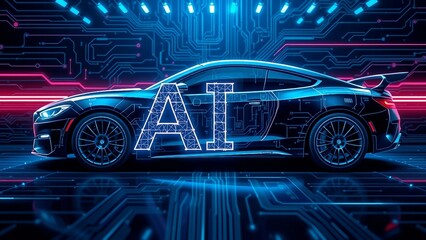 Fototapeta premium Futuristisches Neon-Design eines Sportwagens mit technischem Innenleben und großem AI-Schriftzug, digitale Linienkunst auf schwarzem Hintergrund.