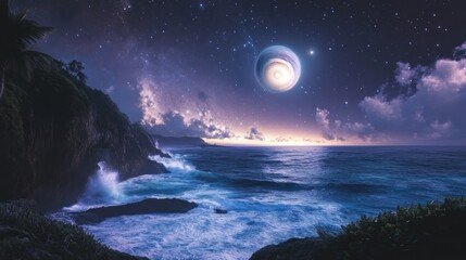 Fototapeta premium Coastal dreamscape with celestial bodies and crashing ocean waves at night