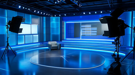 Modern Television Studio Set with Blue Lighting