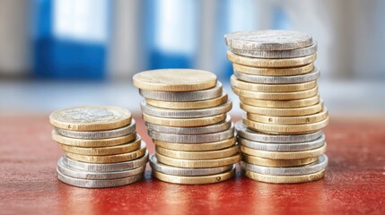 Piles of 3D gold and silver coins stacked on a solid red background showcasing wealth and prosperity in a vibrant setting
