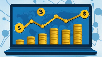 Financial Growth Chart on Laptop Screen Illustrating Positive Investment Returns and Economic Progress Showing Upward Trend with Coins