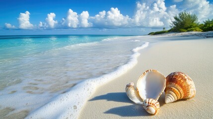 Serene tropical beach with seashells, turquoise water, and fluffy clouds