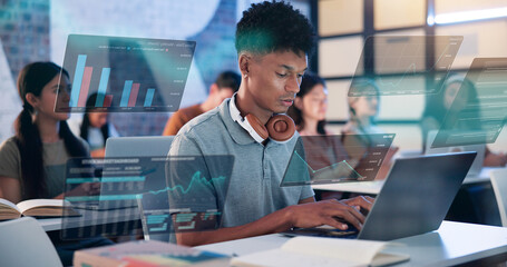 Man, laptop and hologram with statistics in workshop for online trading course or market analysis...