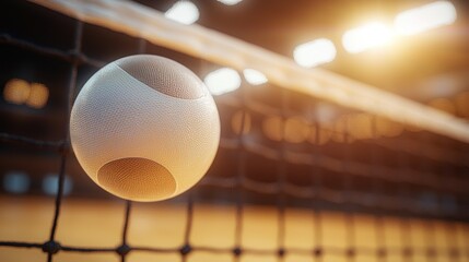 Volleyball approaches net, illuminated sport court background