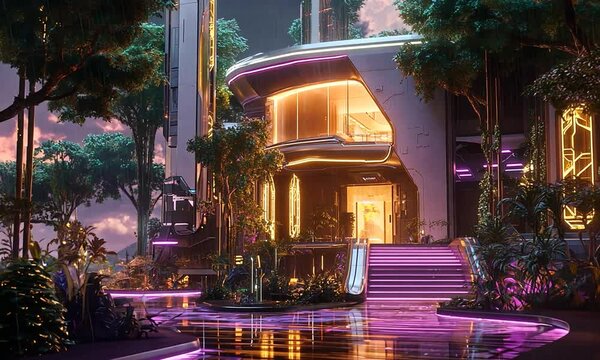 A futuristic architectural marvel surrounded by lush greenery and vibrant neon lights, showcasing a serene pathway leading to a modern entrance at dusk