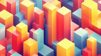 Vibrant Isometric Pixel Art Geometric Cityscape Abstract Background with Bold Color Blocks and Textured Surfaces 3D Rendering