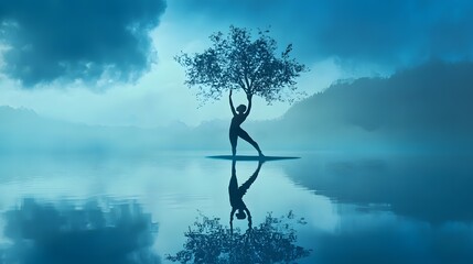 Digital illustration of a lone silhouette balancing on a platform with a tree beneath a misty sky.
