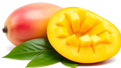 Ripe Mango Fruit with Cut Pieces and Green Leaves Isolated on White Background