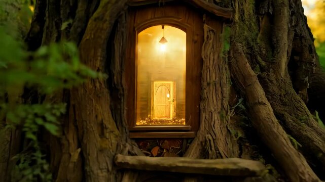 Tiny Glowing Door in Tree Base &ndash; Closeup Whimsical Entrance in Enchanted Forest