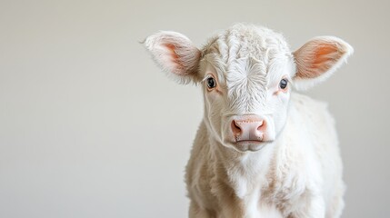 Obraz premium Adorable white baby calf with fluffy fur looking forward calmly indoors.