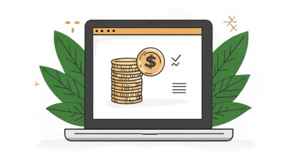 Digital Financial Growth Strategies on Laptop Surrounded by Lush Foliage and Money Stack Representing Capital Investment