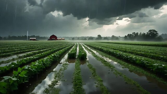 Stormy weather over farm field with puddles, rows of crops, and a red barn in the distance, showcasing dramatic rural scenery.


