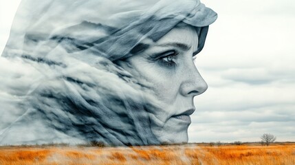 Obraz premium A serene portrait of a woman with a flowing scarf against a cloudy sky
