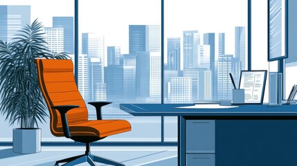 Office setup with cityscape view modern business illustration professional workspace empty workstation stylish vector design