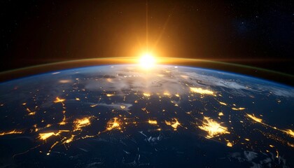 Obraz premium Amanecer en la Tierra desde el espacio: Iluminación de la hora dorada de los planetas del cosmos contra un cielo de hermosos colores; imagen de fondo conceptual, espacio de copia, fondo de pantalla