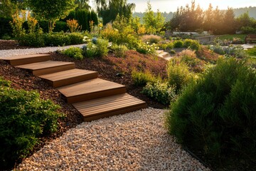 Garden steps, landscaping, sunset