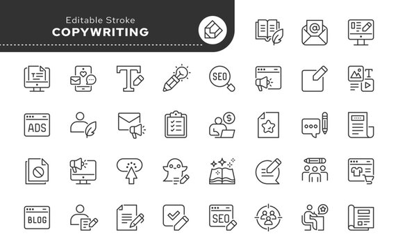 Copywriting line icon set. Content writing, autor, blog, storytelling, article, seo and more. Outline vector icon in linear style. Series of pictograms.