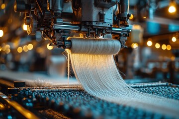 Yarn making machine in warm lighting and blue hues